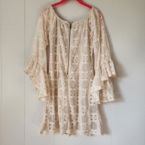 Boho Lace Neutral Western Judith March Bell Sleeve Mini Dress Medium - Picture 7 of 10
